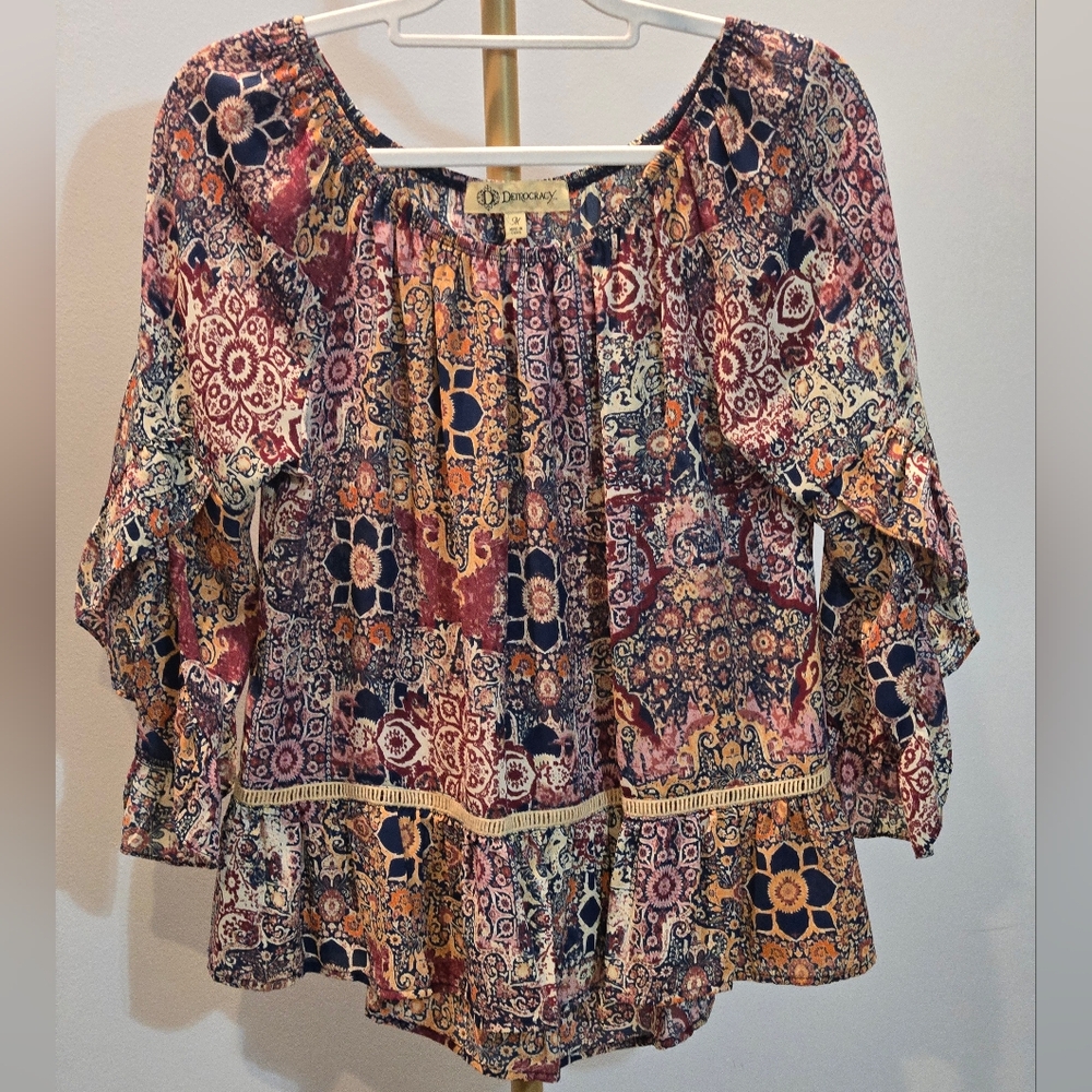 Democracy Ruffled 3/4 Sleeve Boho Blouse Tulip Sleeves Size Medium
